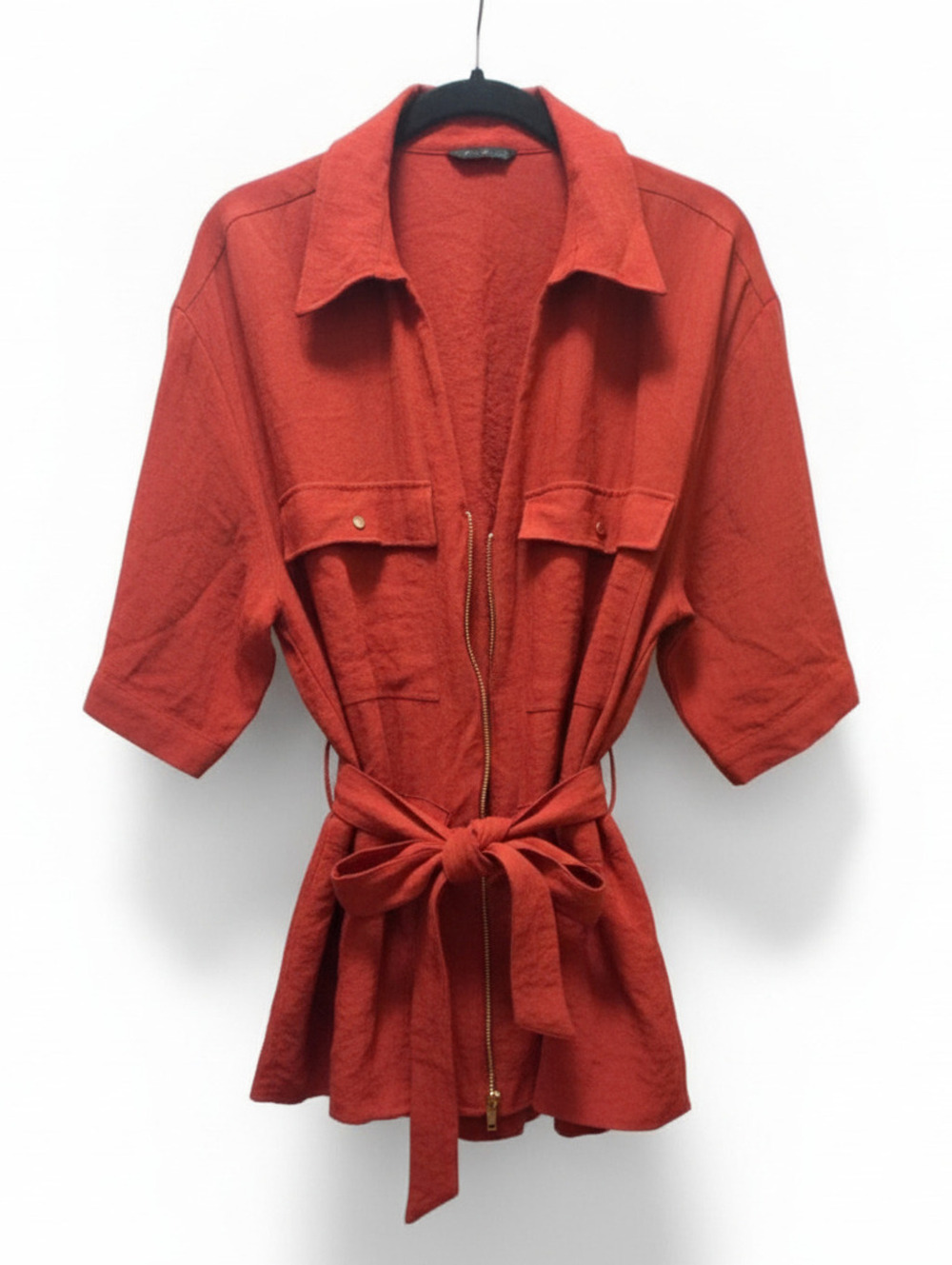 ZARA Women's Orange-Red Button-Up Shirt with Belted Waist, Very Good Condition